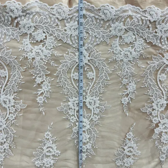 1 Yard White Beaded & Corded Bridal Lace Fabric, Embroidered Polyester Net Mesh, 54" Wide Silver {4}