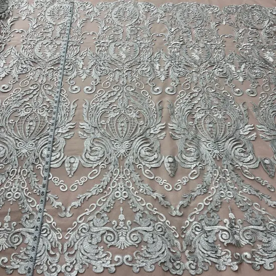 1 Yard White Corded Bridal Lace Fabric, 48&rdquo; Wide Embroidered Polyester Mesh Silver {1}