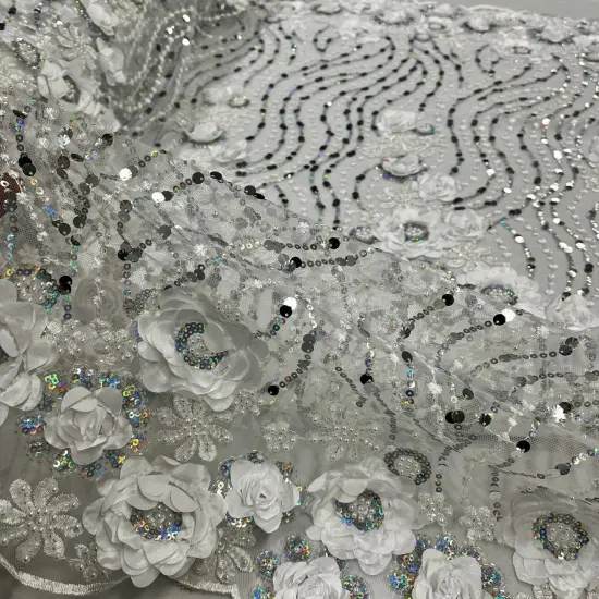 1 Yard Yellow 3D Floral Beaded & Sequined Lace Fabric, Embroidered Sparkling Mesh, 52" Wide, Polyester Pink {4}