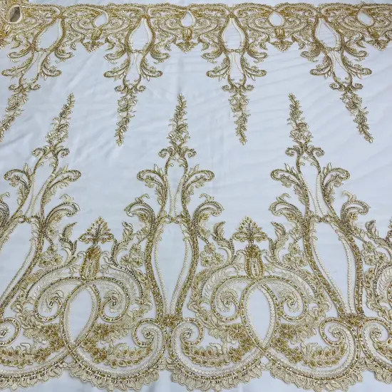 1 Yard Gold Metallic Beaded & Corded Bridal Lace Fabric, Embroidered 100% Polyester Net Mesh, 54" Wide White {3}