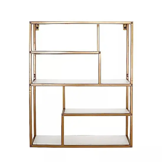 22 in Gold 4 Tier Rectangle Metal Geometric HANGING SHELF White Wood Party Home {1}