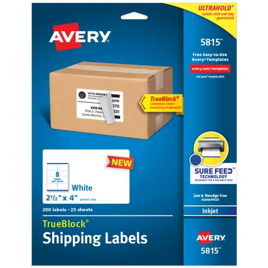 Avery Printable Blank Shipping Labels, 2.5" x 4", White, 200 Labels, Inkjet Printer, Permanent Adhesive (5815) {1}