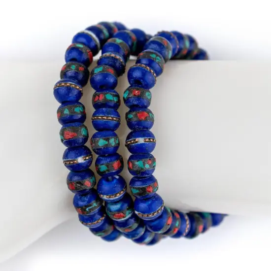 The Bead Chest Mala Stretch Bracelet, Cobalt Blue - Stackable Nepal Bone Inlaid with Turquoise & Coral Colors, 100% Authentic and Genuine {4}