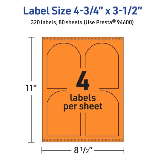 Avery Bright Orange Paper Labels, 4.75" x 3.5" Arched {5}