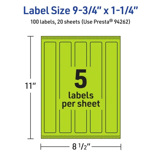 Avery Bright Green Paper Labels, 9.75" x 1.25" Rectangle {5}