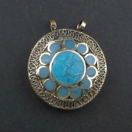 The Bead Chest Turquoise Blue Inlaid Afghan Silver Pendant Afghanistan White Metal Large Hole {4}