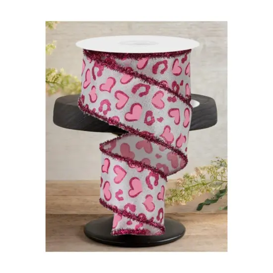 2.5" Heart Leopard Tinsel Edge Ribbon: White (10 Yards) {2}