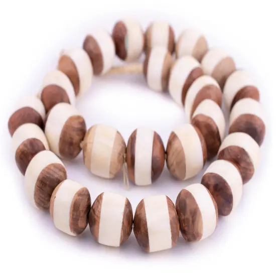 The Bead Chest Inlaid Wood and Bone Tanzanian Sphere Beads 24mm African Multicolor Round Large Hole 30 Inch Strand Handmade {3}