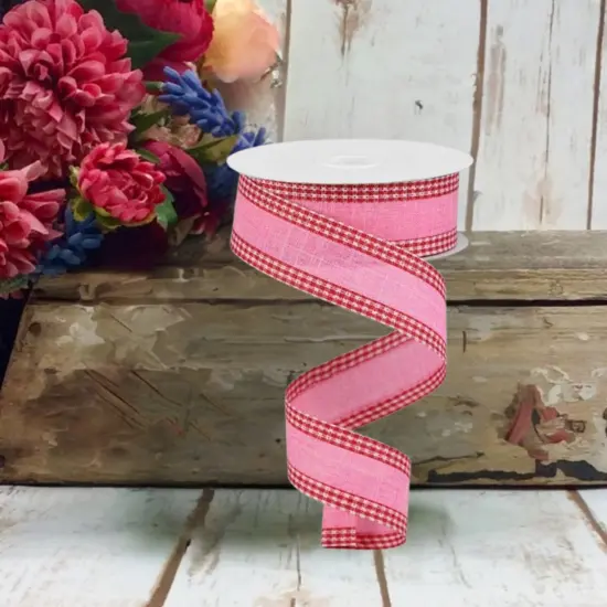 1.5" Royal Burlap Gingham Edge Ribbon: Pink/Red (10 Yards) {3}