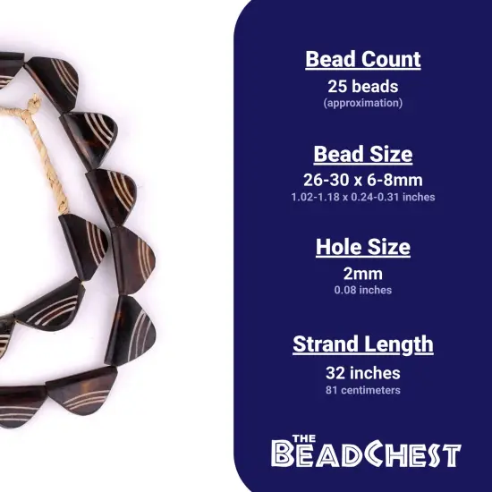 The Bead Chest Triangular Batik Bone Beads: Brown Carved Natural Kenyan African Beads Strung on Raffia, Full 32" Strand {4}