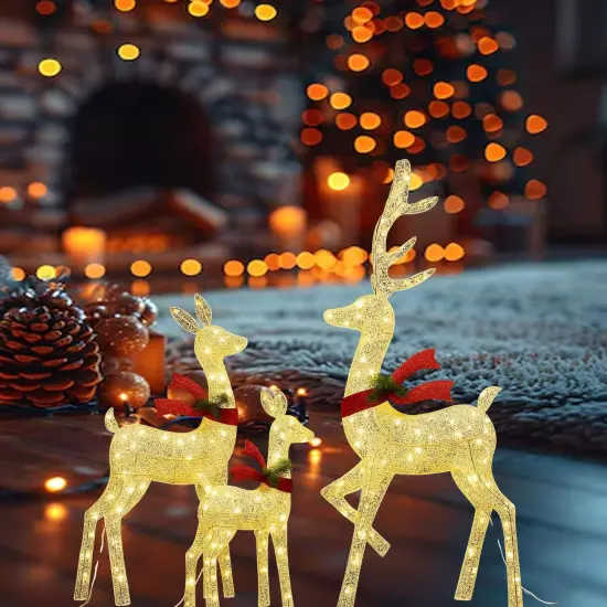Luxurious White Cotton Thread Lighted Deer Family Set for Holiday Decor 60"+48"+32" {3}
