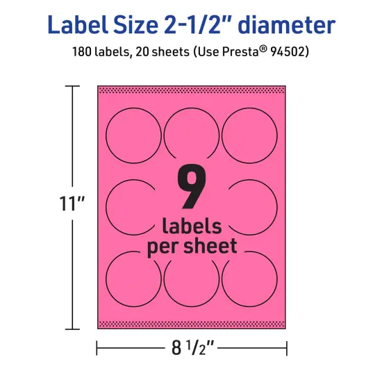 Avery Bright Pink Paper Labels, 2.5" Diameter Round {5}