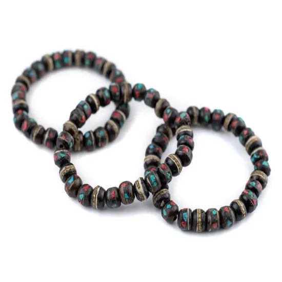 The Bead Chest Mala Stretch Bracelet, Black - Stackable Nepal Bone Inlaid with Turquoise & Coral Colors, 100% Authentic and Genuine {3}