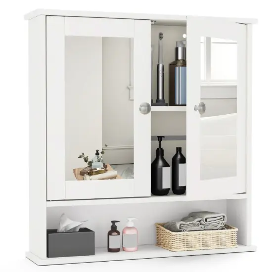 Wall Cabinet with Double Mirror Doors Adjustable Shelf Storage for Bathroom and Bedroom Black {13}