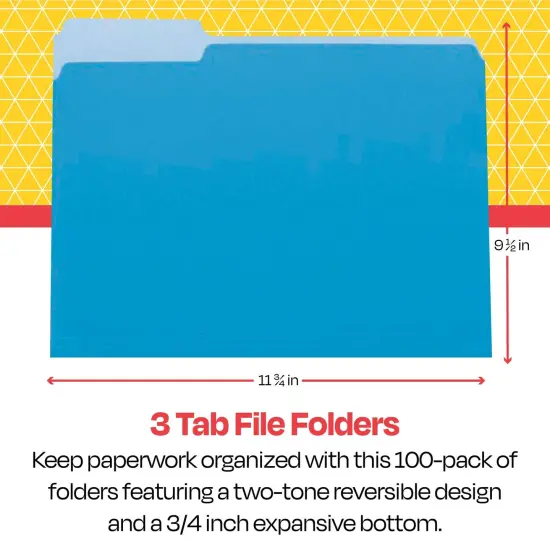School Smart Colored File Folders Two-Tone, Letter Size, 1/3 Cut Tabs, Blue, Pack of 100 {6}