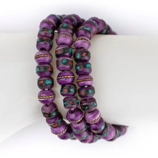 The Bead Chest Mala Stretch Bracelet, Light Purple - Stackable Nepal Bone Inlaid with Turquoise & Coral Colors, 100% Authentic and Genuine {4}
