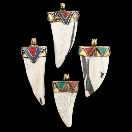 The Bead Chest Blue Inlaid Conch Shell Tooth Pendant 55x30mm Nepal Multicolor Large Hole {4}