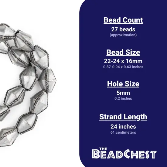 The Bead Chest Ethiopian Wired Dark Silver Bicone Beads 22x16mm African White Metal Large Hole 24 Inch Strand Handmade {4}