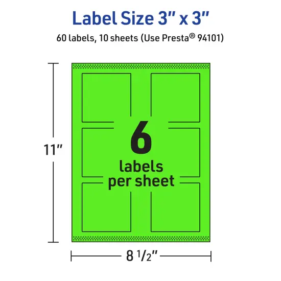 Avery Neon Green Paper Labels, 3" x 3" Square {5}