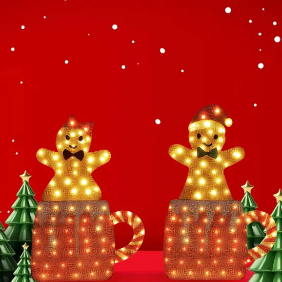 Pair of Mug Gingerbread Men 40" & 42" Lighted Holiday Yard Decorations with Box {4}