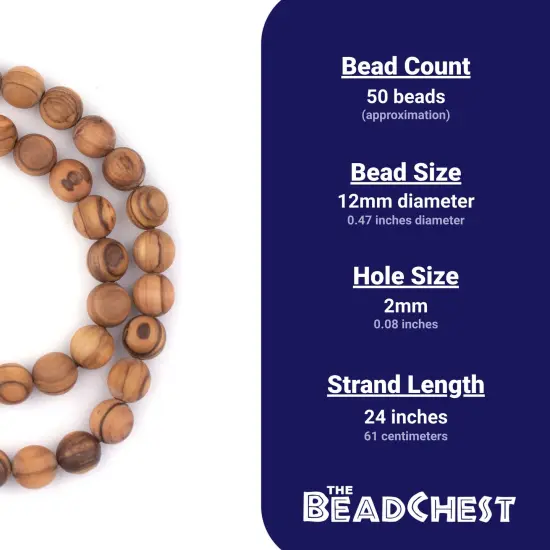 The Bead Chest Olive Wood Beads - Full Strand of Round Christian Rosary Prayer Beads (12mm, Natural) {4}
