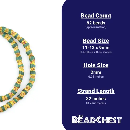 The Bead Chest Old Antique Venetian Yellow Oval Striped Trade Beads Green Stripe 9mm Ghana African Multicolor Glass Large Hole 32 Inch Strand {4}