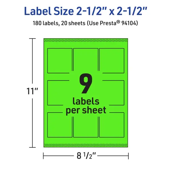 Avery Neon Green Paper Labels, 2.5" x 2.5" Square {5}