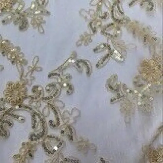 1 Yard Beige Corded Mesh Lace Fabric with Sequins Double Scalloped Embroidery, 54&rdquo; Wide {2}