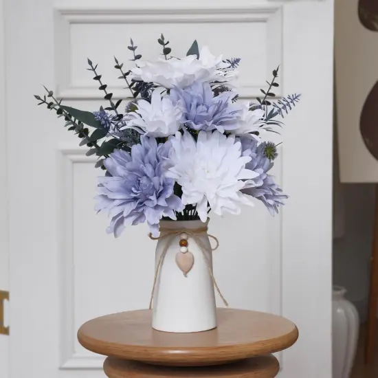 16" Artificial Flowers with Eucalyptus Stems and Greenery, Faux Dahlia Flower Arrangement in White Ceramic Vase with Heart Charm D&eacute;cor, Rustic Farmhouse Table Centerpiece for Home, Kitchen & Office {5}