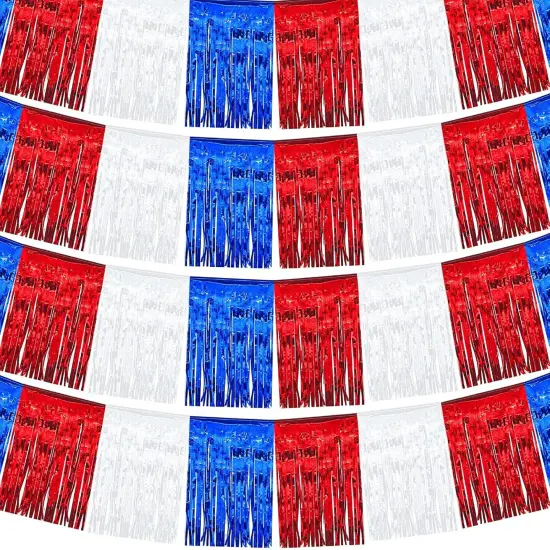 10 Pcs Foil Patriotic Fringe for Fourth of July Decor 100 ft x 15 Inch Metallic Foil Fringe Curtains Party Backdrop Red Blue and White Parade Float Fringe for Independence Day Decorations {1}