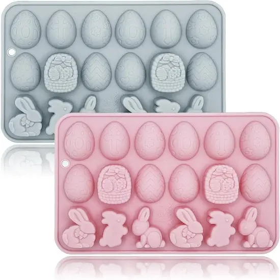 2 Pack Easter Gummy Chocolate Molds 18 Cavities Egg Rabbit Candy Mould Tray Baking Tools for Chocolate Cake Dessert Candy Mousse Pastry Handmade Soap Cupcake Topper Crayons {1}