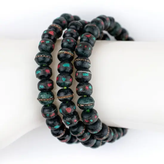 The Bead Chest Mala Stretch Bracelet, Dark Green - Stackable Nepal Bone Inlaid with Turquoise & Coral Colors, 100% Authentic and Genuine {4}
