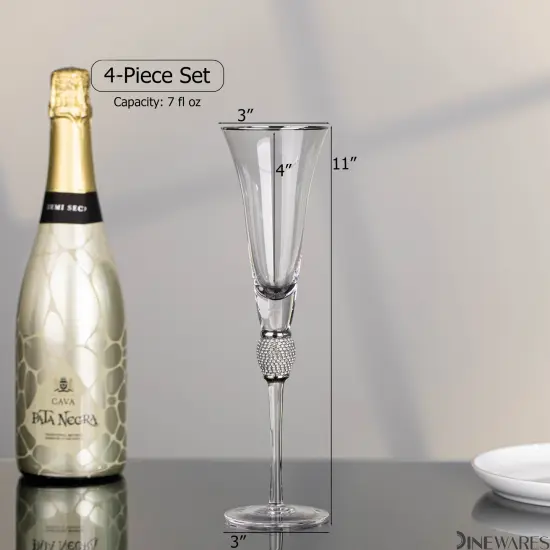 Elegant Crystal Set Wedding Champagne Glasses with Diamond Rhinestone Accents and a Polished Rim - 11 in Tall with Slender Long Stems, 7 oz - Chic Toasting Set for the Bride and Groom {3}