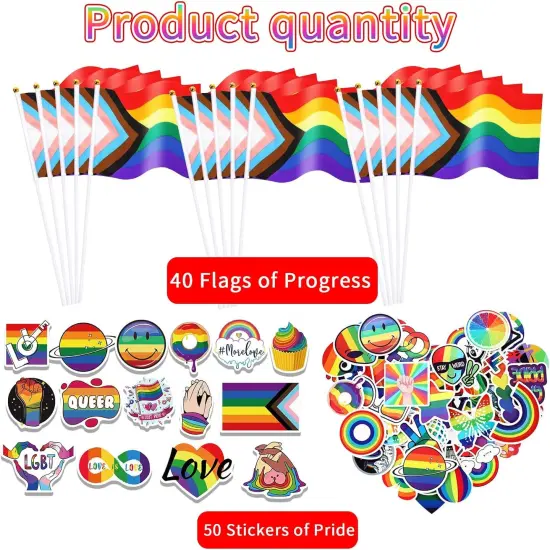 40 Pack Progress Rainbow Pride Flag Set - Small Handheld Gay Flag for Parades & Festivals, 50 LGBTQ Stickers 40 Gay Flags {3}