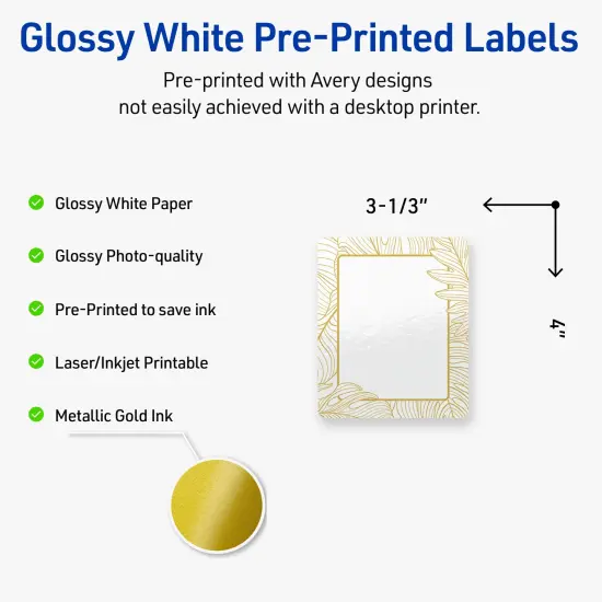 Avery Printable Rectangle Labels with Sure Feed Technology, Pre-Printed Gold Florals, Glossy White, 4" x 3-1/3", Laser & Inkjet Compatible, 40 Total, Great for Branding, Marketing, and Events {2}