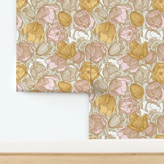 Pre-Pasted Wallpaper 2FT Wide Tulip Floral Modern Botanical Garden Bloom Meadow Wildflower Pink Yellow Mint Spring Pastel Custom Pre-pasted Wallpaper by Spoonflower {2}
