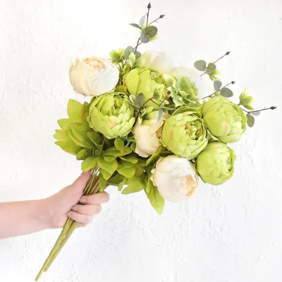 Mixed Cream Beige and Moss Green Vintage Artificial Silk Flower Peonies 2 Bouquets Floral {4}