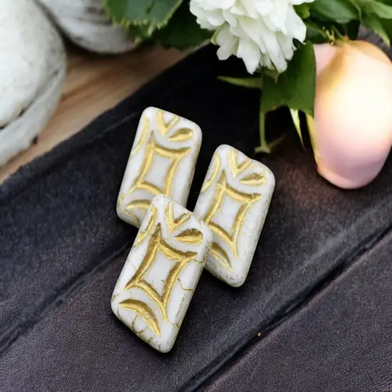 *6* 19x13mm Bronze Washed Matte White Opal Rectangle Beads {1}