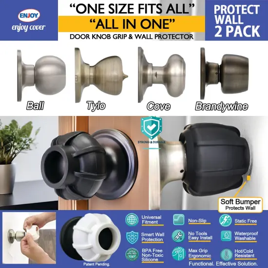 Enjoy Cover | Door Handle Grip Doorstop Knob Stopper Cover, Set of 2 Door Knob Grips Universal Size Protects Walls from Dents and Damage Black {8}