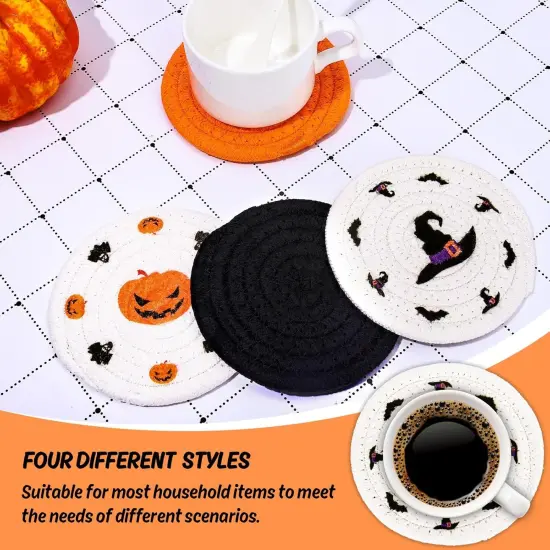 4 Pack Halloween Handmade Braided Drink Coasters Black Orange Pumpkins- 4.3 Inch {3}