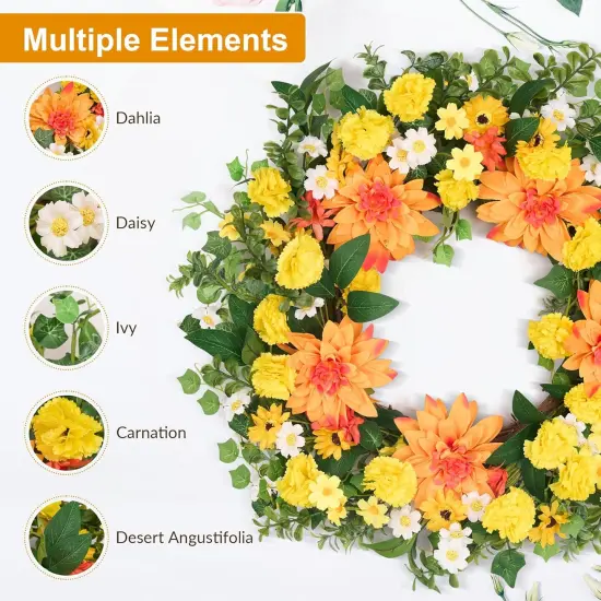 24 Inch Summer Floral Wreath for Front Door, Wreath with Dahlias and Daisies, Flower Home Wreath Decor for Outdoor and Indoor Farmhouse Decoration {4}