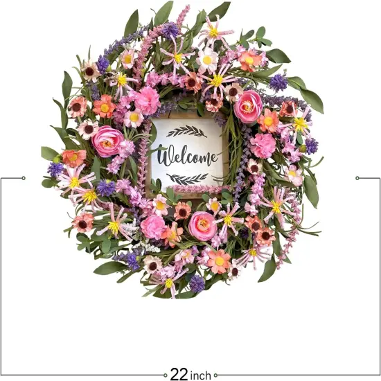Summer 22 Inch Wreath for Front Door, Artificial Floral Wreath with Roses, Wild Flowers, Leaves, and Welcome Board, Farmhouse Indoor/Outdoor Wall Decor {3}