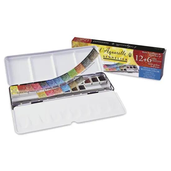 Sennelier French Artists' Watercolors - Set of 12 Plus 6 Free, Metal Case, Half Pans {1}