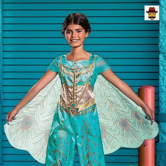 Girls Jasmine Classic Costume, Teal Jumpsuit Glitter Gold Peacock Print {4}