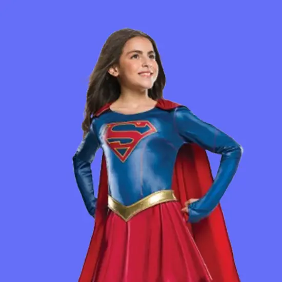 Supergirl Child Costume Girls Metallic Dress Removable Cape Golden Belt {2}