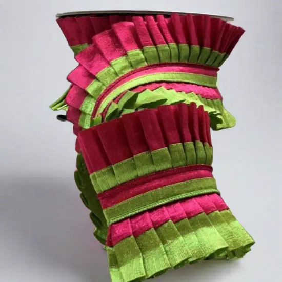 4" Metallic Dupion Pleated Ruffle Ribbon: Lime/Hot Pink (5 Yards) {3}