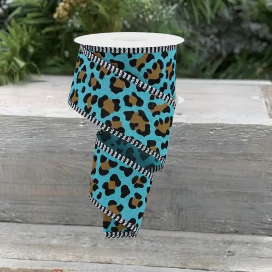2.5" Leopard Print Thin Stripe Ribbon: Light Teal (10 Yards) {2}