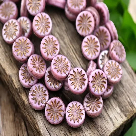 *15* 12mm Dark Bronze Washed Pink Silk Aster Flower Coin Beads {2}