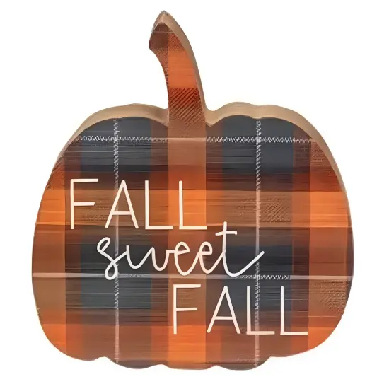 Orange Wood Fall Pumpkin Figurines with Plaid Pattern and White Lettering 3 Asstd. {2}
