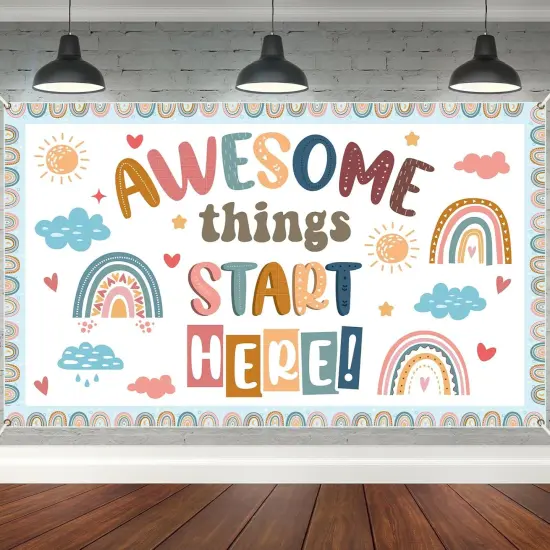 Back to School Classroom Decorations Boho Motivational Inspirational Quotes Backdrop Awesome Things Start Here Hanging Banner Photo Booth Props Background for School Hallway Home Wall Decor {1}